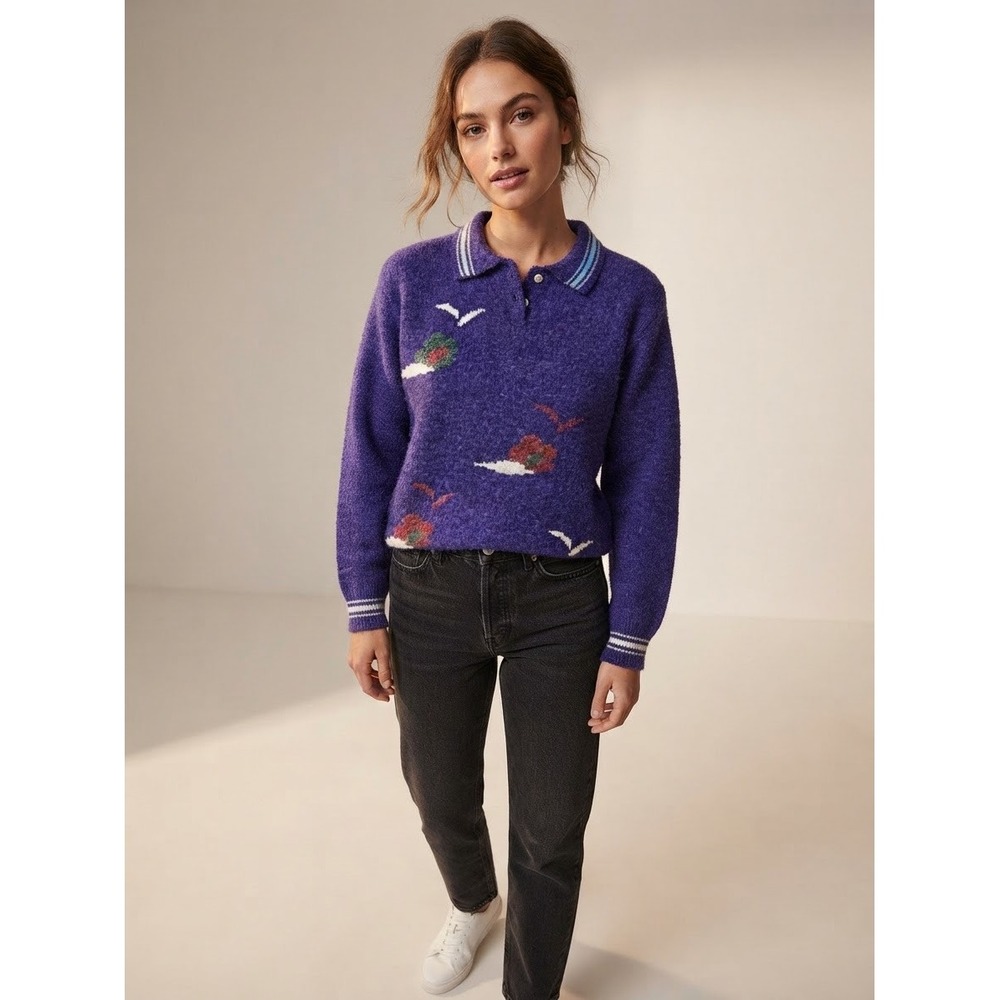 Pretty Purple Knit Polo Sweater Bird Floral Intarsia Stripe Trim Long Sleeve